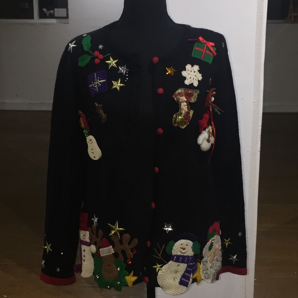Black patchwork and embroidered Christmas sweater